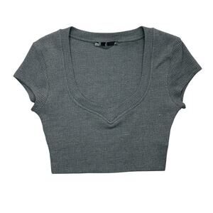 Salty Crop Top Gray Waffle Knit Womens Sz M Stretchy Short Sleeves